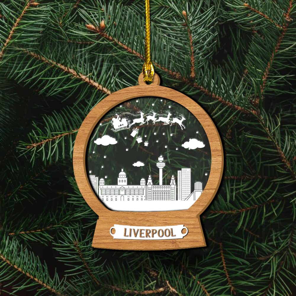 Liverpool Christmas Ornaments - 3D Wooden Layered Personalized Cityscape Decorations for Christmas Tree | Set of 10 Unique Holiday Trinkets - Perfect for Home, Office & Gift Giving