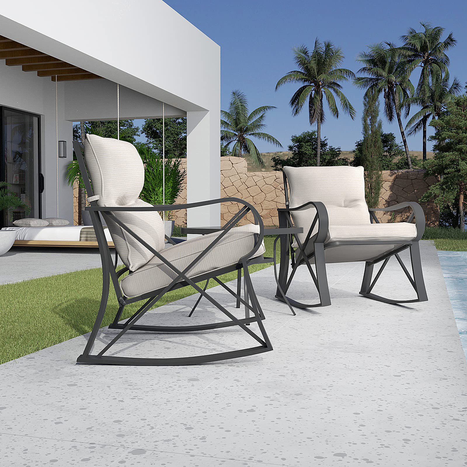 SUNBURY 3-Piece Outdoor Rocking Bistro Set with Light Beige Cushions & Glass Coffee Table - Patio Furniture for Garden, Yard, or Balcony - Perfect for Relaxing, Entertaining & Enjoying Morning Coffee