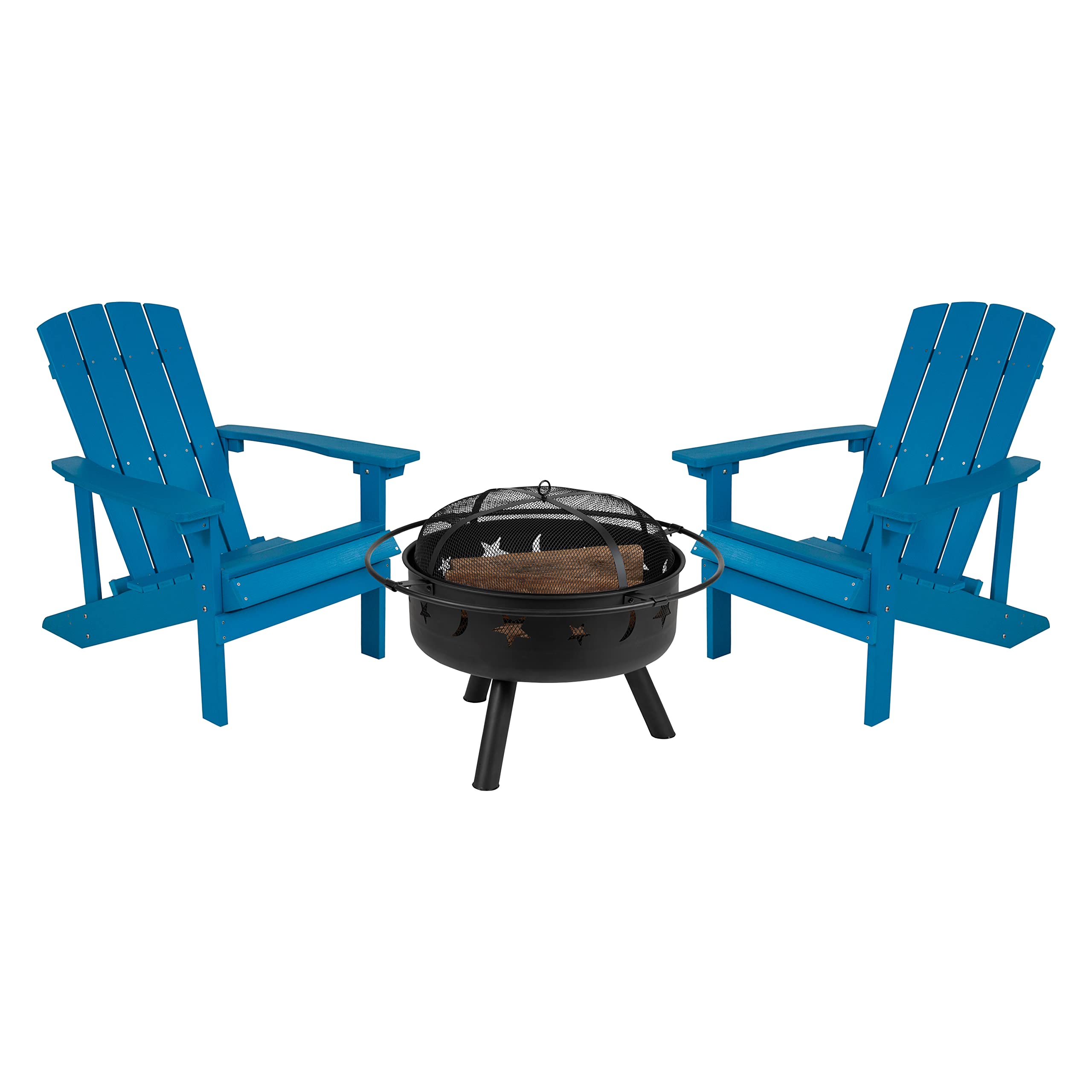 EMMA + OLIVER Campfire Set - 2 Blue Poly Resin Adirondack Chairs & 29