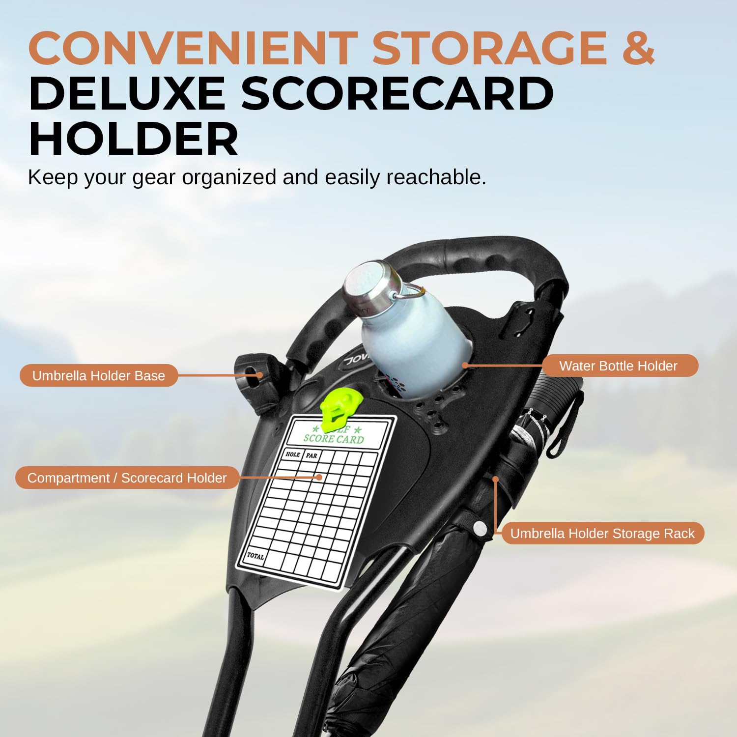 JOVIAL 3 Wheel Golf Push Pull Cart with Built-in Seat - Lightweight Foldable Golf Caddy Accessories | Includes Scorecard Holder, Water Bottle/Mobile/Umbrella/Towel Holder | Perfect for Golf Course Relaxation & Walking Rounds