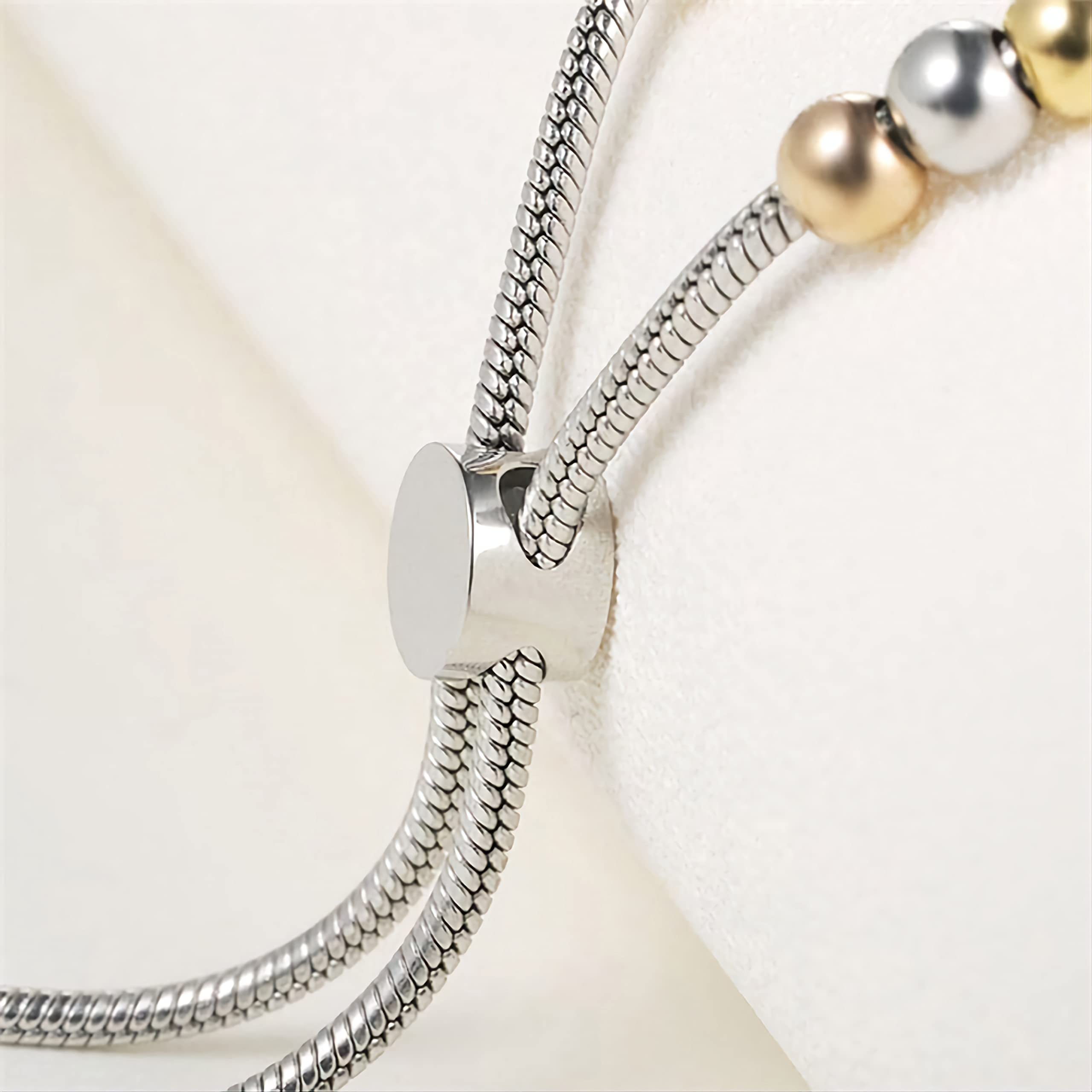 Steel Dainty Bead Slider Bracelet Adjustable Crystal Accents Gold & Silver Tone Jewelry for Women Gift Everyday Wear