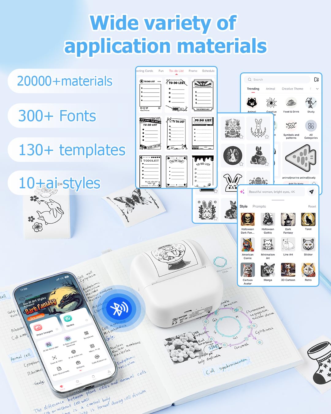 Bluetooth Mini Sticker Printer M02X - Portable Inkless Pocket Photo Printer with 3 Rolls Paper for Study Notes, DIY Crafts, Scrapbooking, Memories & Gift Giving - Perfect for School, Office, Travel and Home Use