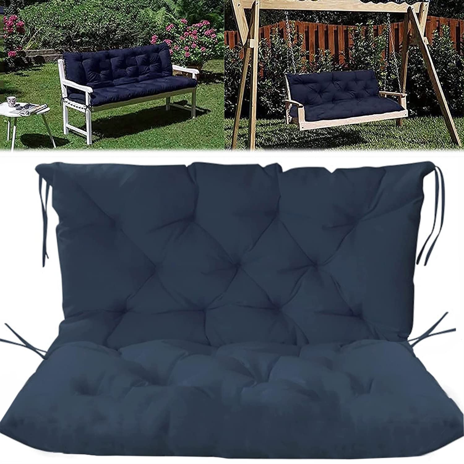 Premium Outdoor Bench Cushions with Backrest - Waterproof, Non-Slip Garden Seat Cushions with Ties (40x59 Inch, Navy Blue) - Perfect for Patio Furniture, Porch Swings & Garden Benches