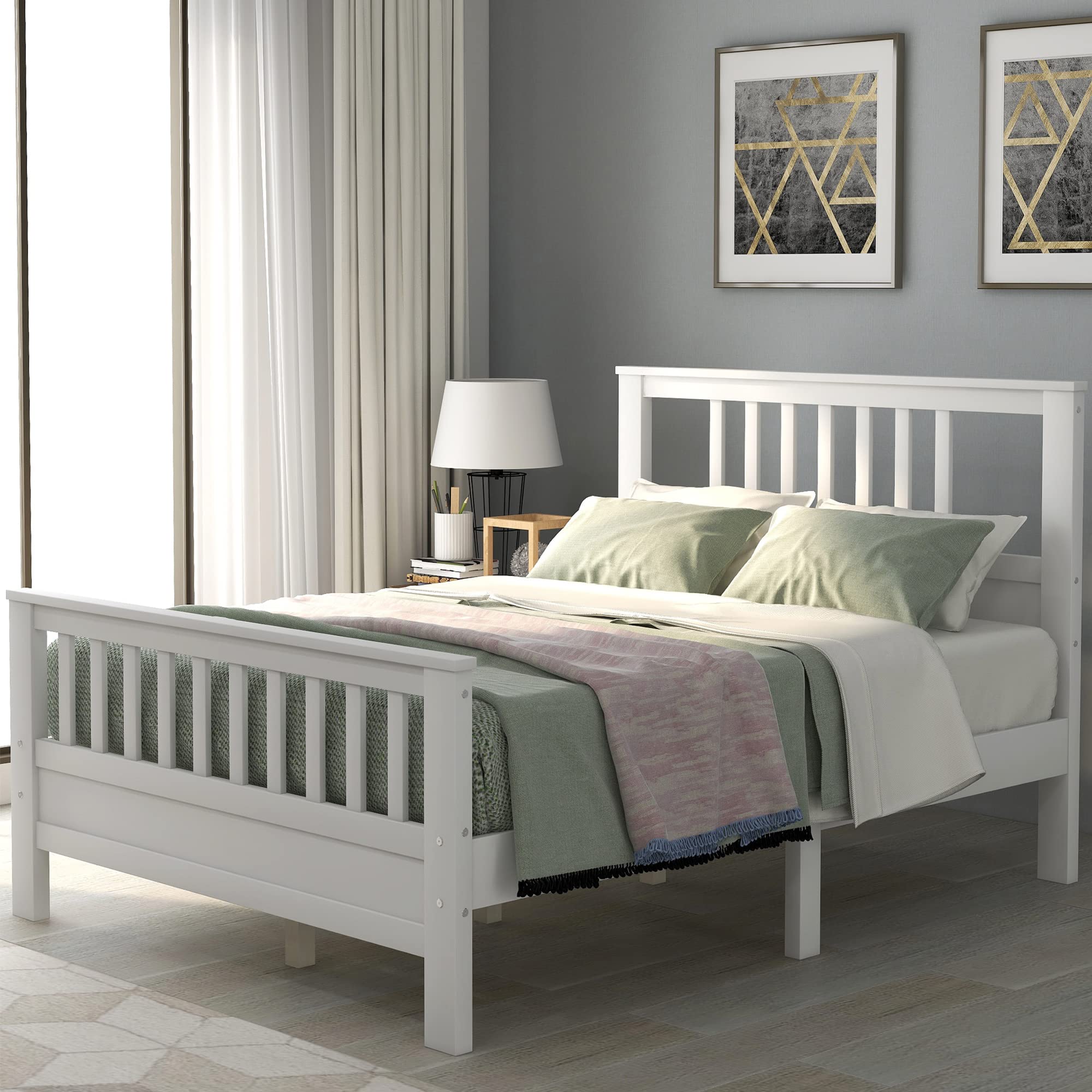 Solid Wood Full Bed Frame with Headboard & Footboard - Sturdy Platform Bed in White for Modern Bedrooms | Perfect for Guest Rooms, Dorms & Apartments