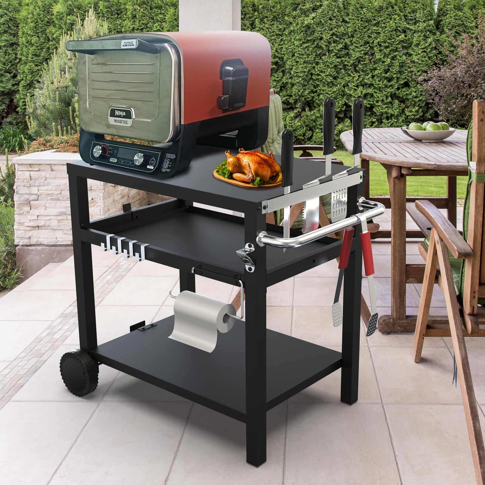 Portable BBQ Grill Cart with 3 Shelves - Outdoor Patio Kitchen Cooking & Camping Grill Stand with Wheels, Hooks, Towel Holder & Bottle Opener - Easy Assembly (29.5 x 19.6 x 29.7 Inches) - Perfect for Picnics, Backyard BBQs, Tailgating & Camping Trips