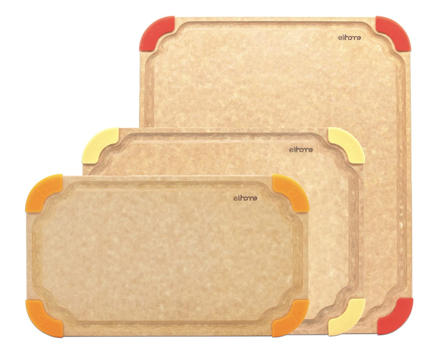 Elihome 3-in-1 Non-Slip Kitchen Cutting Board Set - Color Coded with Food Icons, Natural Wood Fiber, Dishwasher Safe & Eco-Friendly - Juice Grooves, Non-Porous, BPA Free - Made in USA - Perfect for Meat, Vegetables & Fruits Prep
