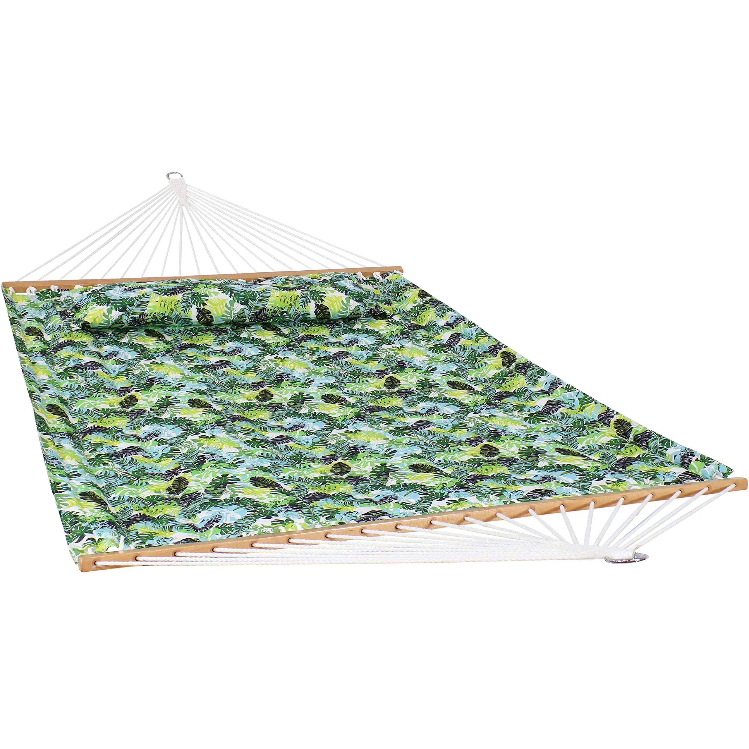 Tropical Greenery 2-Person Quilted Hammock with Pillow & Steel Stand - 450lb Capacity, Includes S-Hooks & Chains - Perfect for Backyard, Patio, Poolside Relaxation