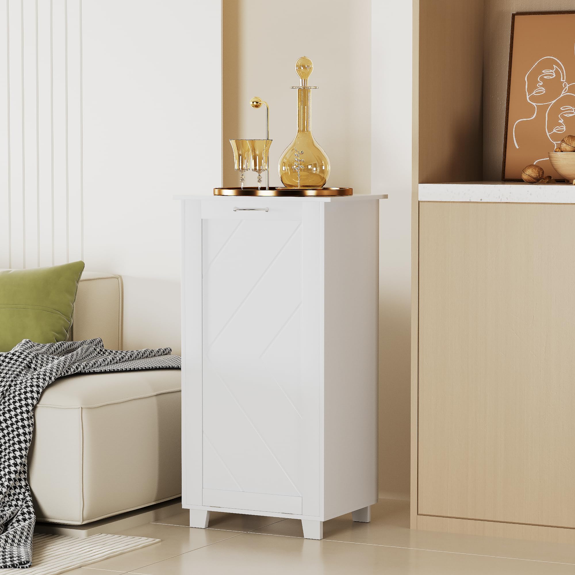 VECELO Tilt Out Kitchen Trash Bin Cabinet - Dog Proof Garbage Can with Wood Holder, Free Standing Recycling Bin in White - Perfect for Kitchens, Pantries & Pet-Friendly Homes