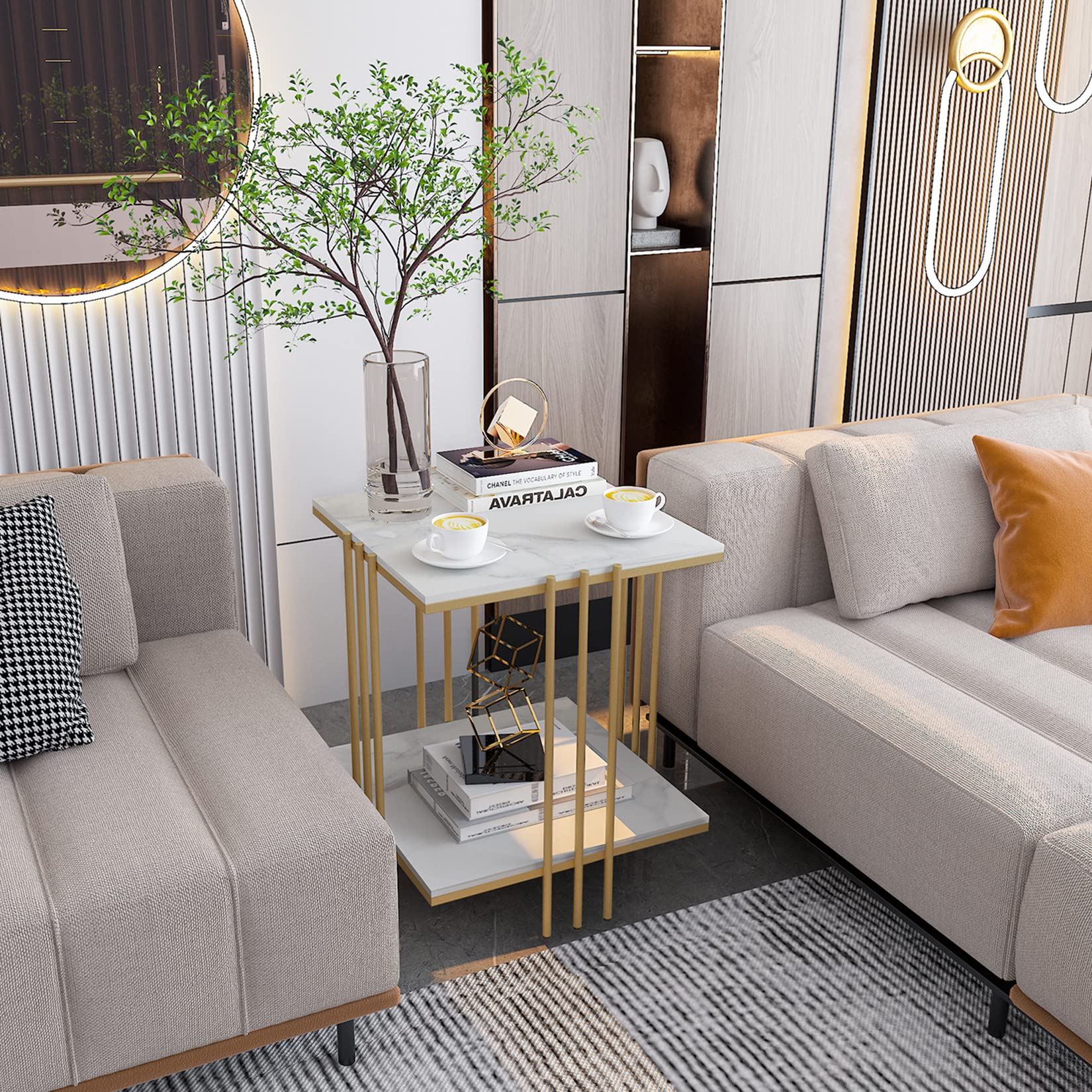 Wisfor Sintered Stone End Table - 2 Tier Square White Sofa Side Table with Golden Frame - Modern Small Coffee Table & Bedside Nightstand for Living Room, Bedroom - Perfect for Coffee, Books & Decor Display