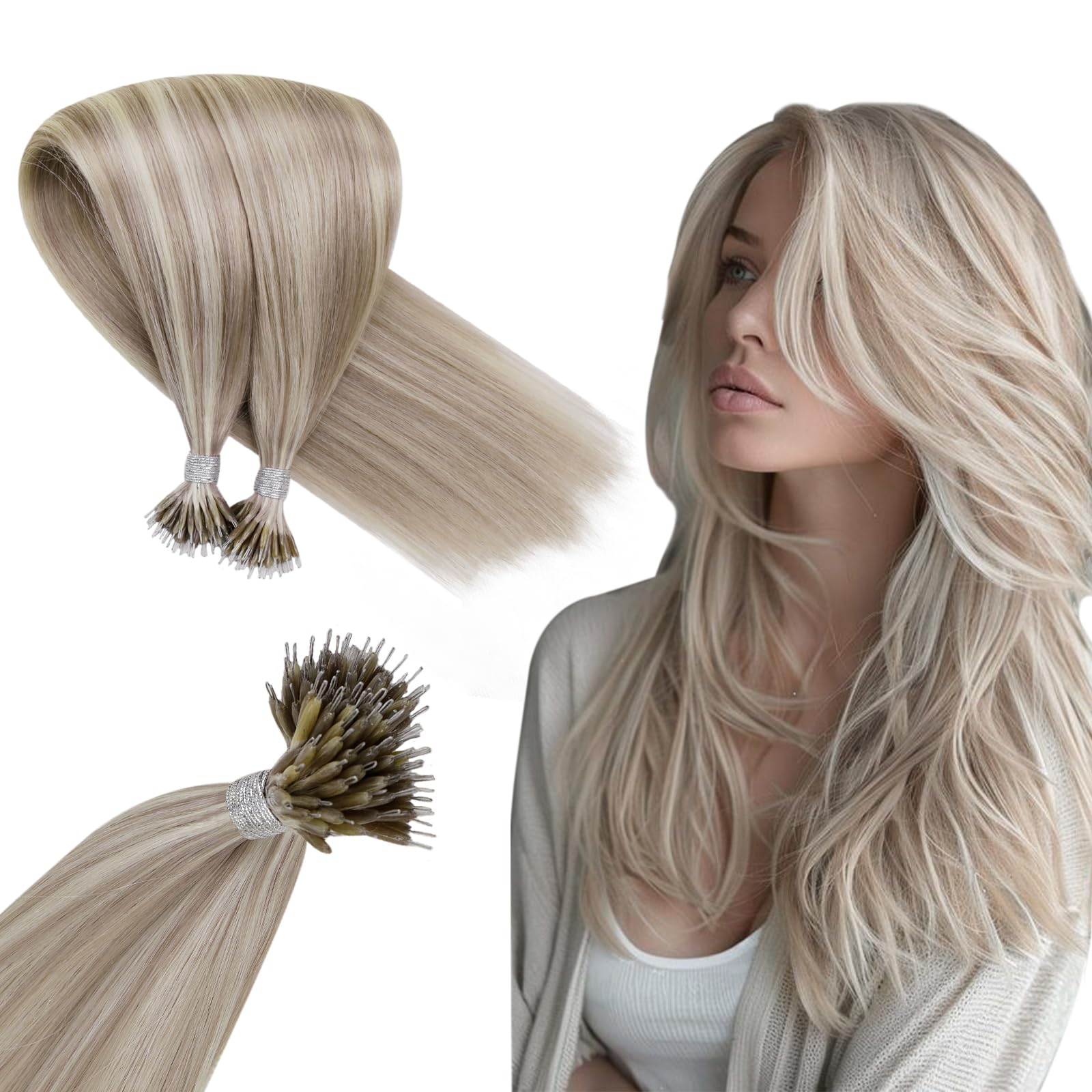 Hetto Nano Bead Hair Extensions 100% Human Hair - Blonde Nano Ring Extensions (Highlight Ash to Bleach Blonde) 14 Inch 50g for Short Hair - Perfect for Volume, Length & Styling for Parties, Weddings & Daily Wear