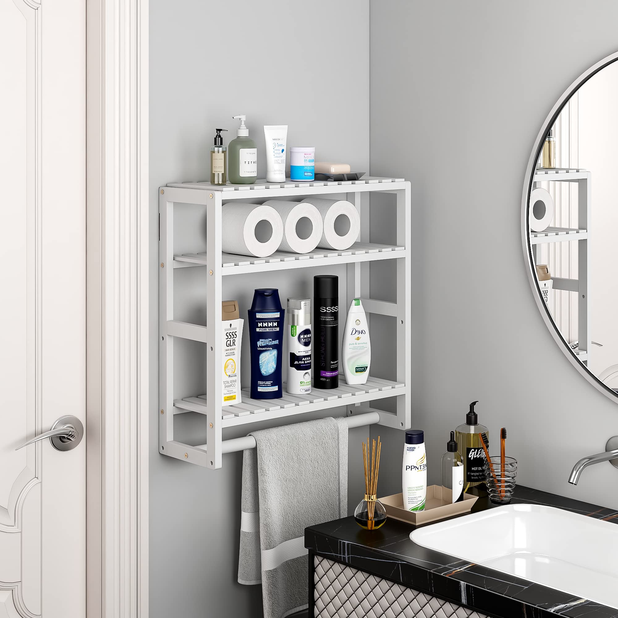 3-Tier Bamboo Towel Rack with Shelves - Over Toilet Wall Mounted Storage Organizer for Bathroom, Laundry Room & Kitchen - Space Saving Paper Holder & Towel Bar for Small Bathrooms & Apartments