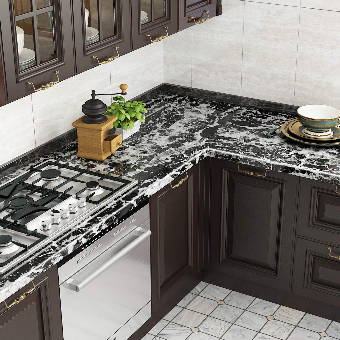 Livelynine 15.8x394 Inch Black Marble Contact Paper - Peel and Stick Waterproof Vinyl Wrap for Countertops, Kitchen Cabinets, Tables & Desks | Self-Adhesive Cover for Home & Office Renovation | Easy DIY Upgrade for Countertop Protection & Stylish Décor