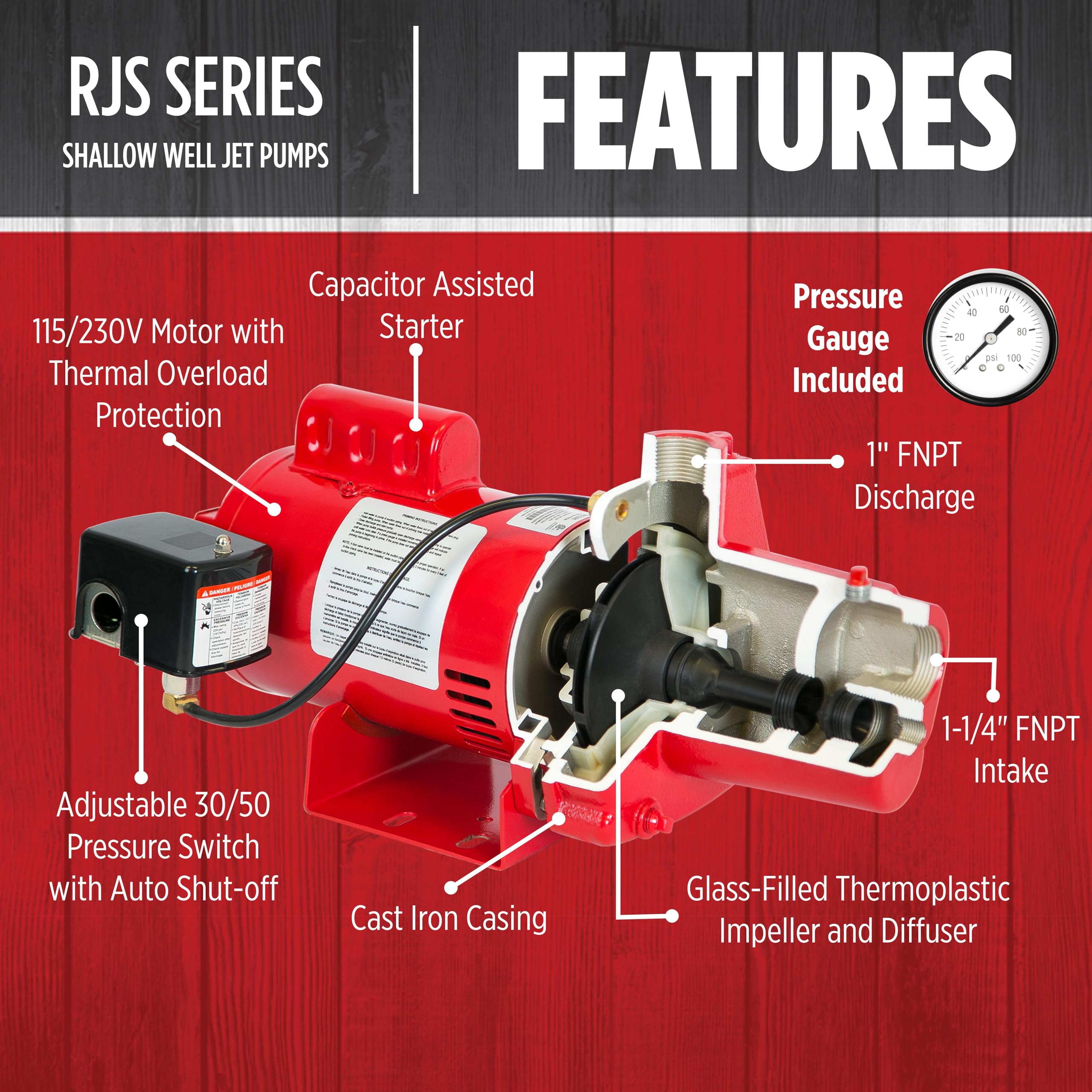 Red Lion RJS-50-PREM 1/2 HP Cast Iron Shallow Well Jet Pump - 12 GPM, 115/230V, Premium Performance for Home Water Supply, Irrigation & Farm Use