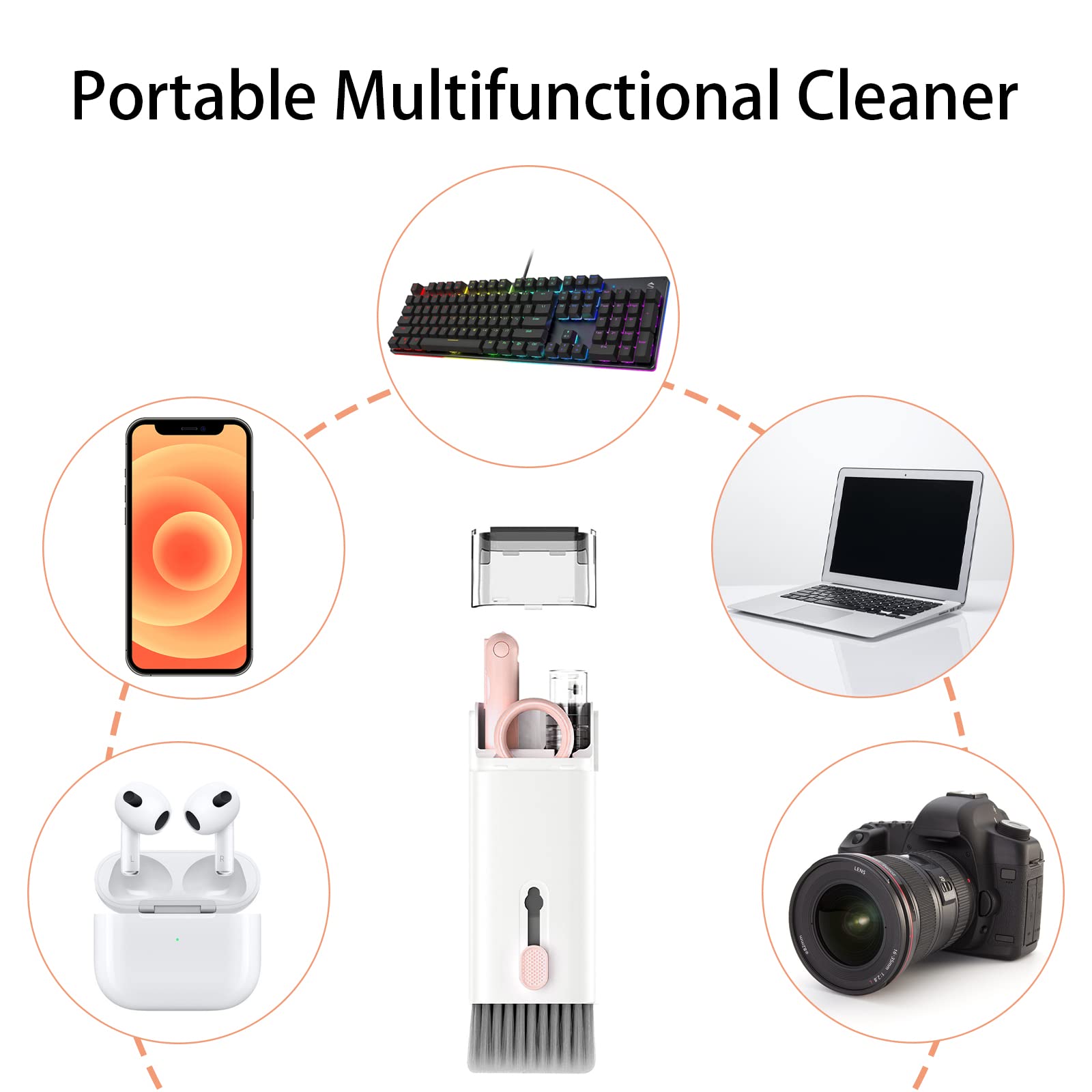 7-in-1 Electronic Cleaning Kit for Keyboards, Laptops, AirPods Pro, Phones & Screens - Includes Brush & Free Flannel Cloth (Pink) - Perfect for Home, Office & Travel Use