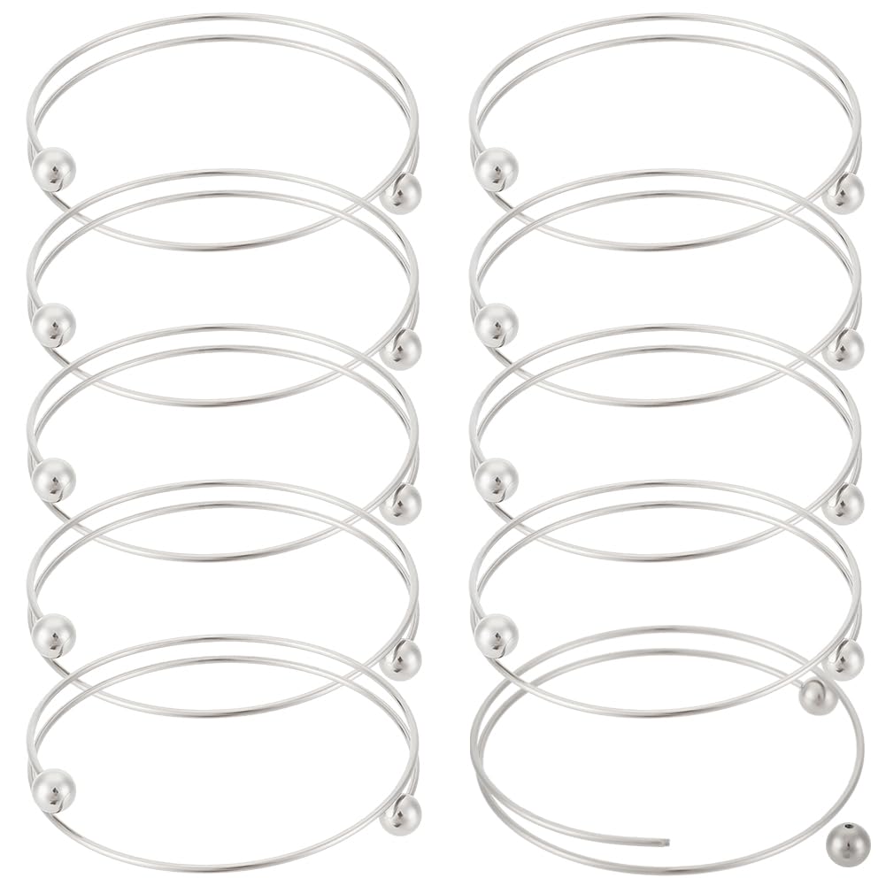 10pcs Adjustable Stainless Steel Blank Cuff Bracelets with Removable Ball Beads - 2.5