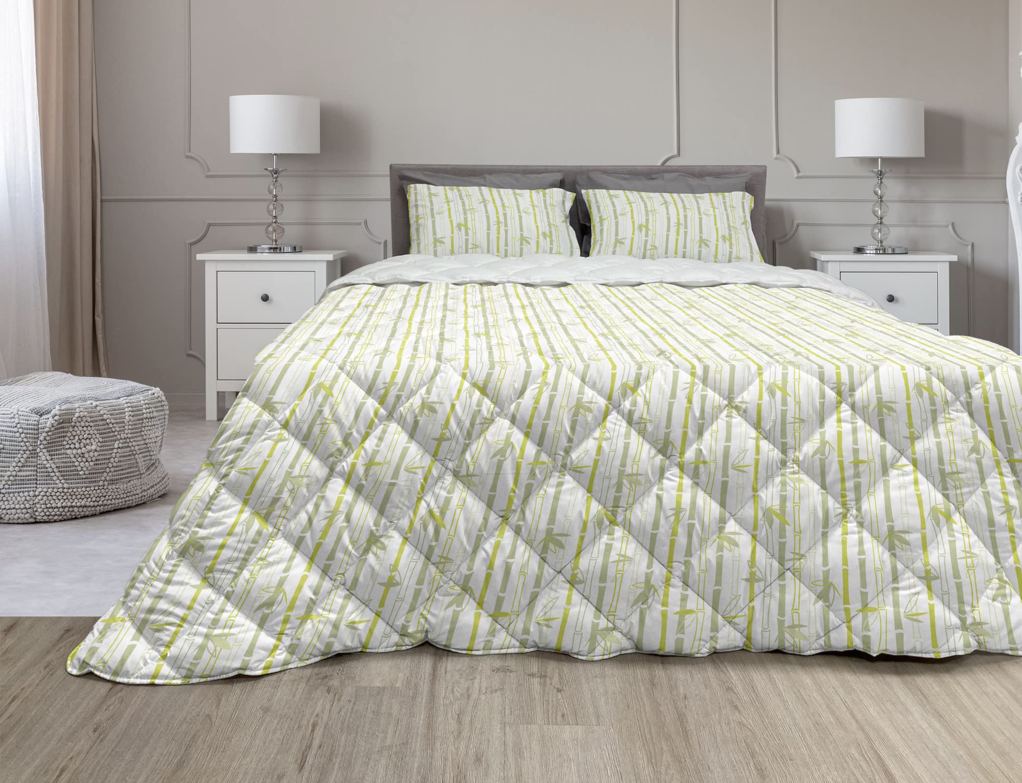 Ambesonne Bamboo Print Comforter & Sham Bedding Set - Japanese Style Vertical Exotic Plant Pattern - 2 Piece Microfiber Duvet Set with Quilt Filling - Twin Size in Yellow Green Pale Khaki - Perfect for Asian Inspired Bedroom Decor & Zen Home Styling