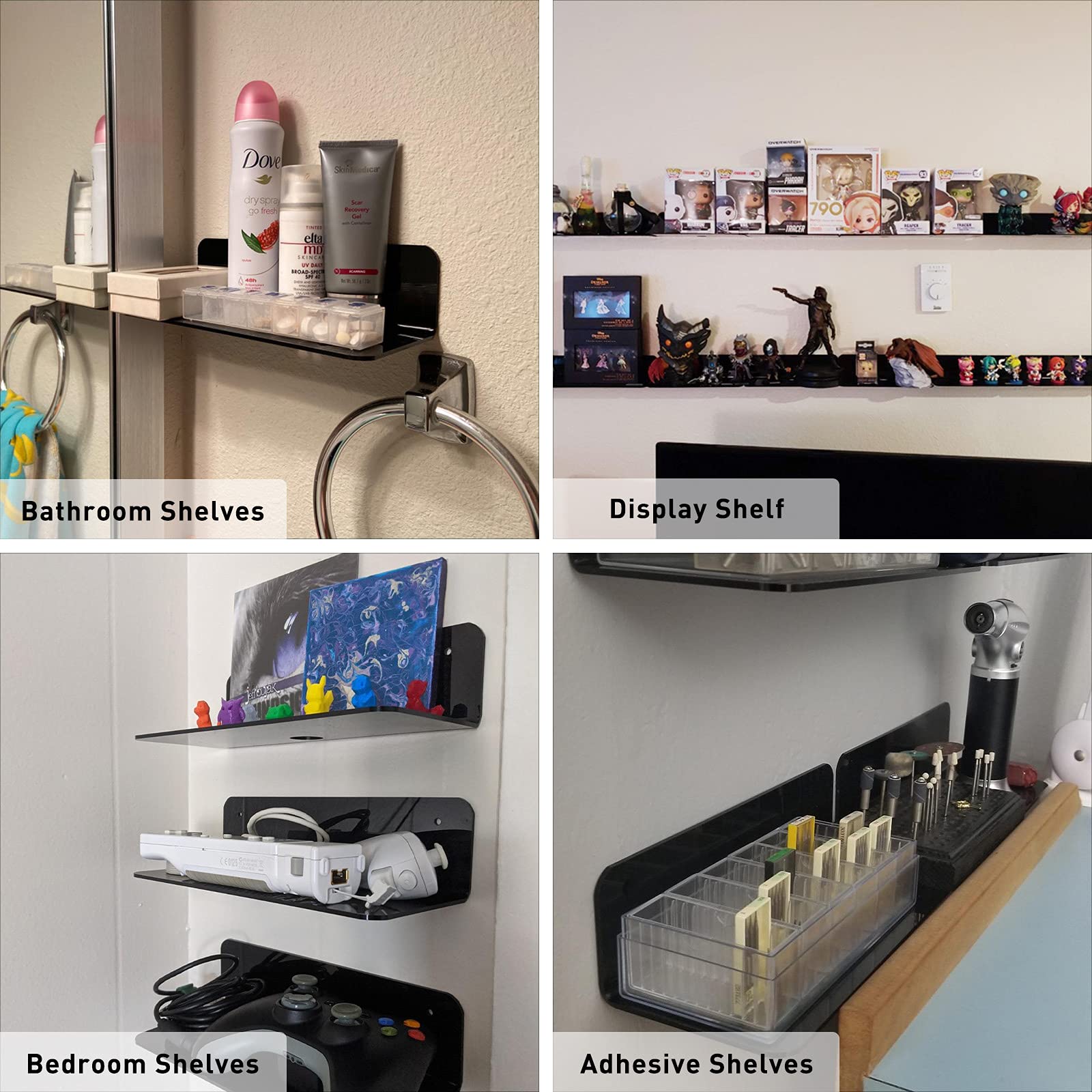 OAPRIRE Acrylic Floating Wall Shelves Set of 2 - No Damage Expandable Wall Mount Shelves for Smart Speakers, Action Figures, Books & Decor with Cable Clips - Perfect for Bedroom, Living Room & Office Organization