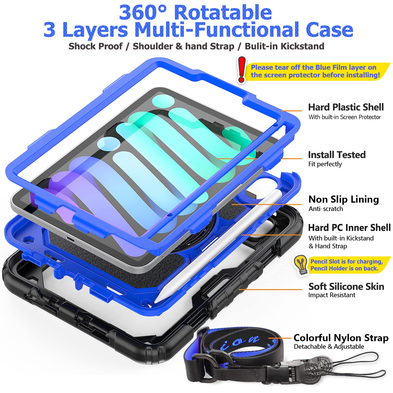 SEYMAC 360 Rotating Stand Case with Screen Protector & Pencil Holder for iPad Mini 7 (2024, A17 Pro) & iPad Mini 6 (8.3 Inch) - Shockproof Protective Cover with Hand Strap (Blue & Black) - Perfect for Work, Travel, and Entertainment