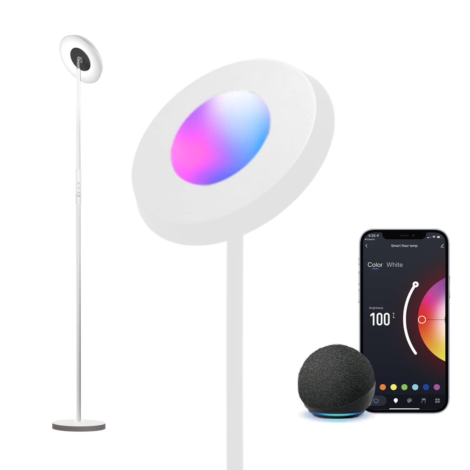 Banord Smart WiFi Floor Lamp - 24W RGBW Color Changing LED Torchiere with Alexa Compatibility | Modern Tall Pole Standing Light for Bedroom & Living Room | White Up/Down Lighting for Ambiance & Task Lighting