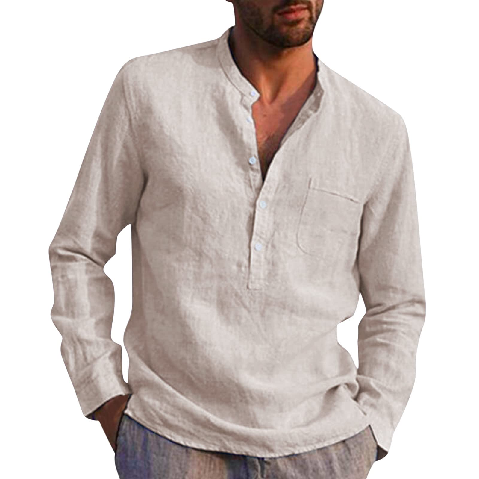 Men's Linen Long Sleeve Shirt - Button Down Mandarin Collar Casual Dress Shirt with Pocket - Breathable Regular Fit Henley Top for Summer, Office & Outdoor Activities