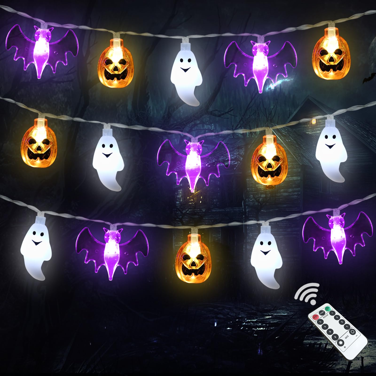 30 LED 3D Pumpkin Bat Ghost Halloween String Lights - 16 FT Battery Operated with Timer & 8 Lighting Modes - Waterproof Fairy Lights for Indoor Outdoor Home Door Porch Party Decor - Perfect for Halloween, Christmas, Garden, Wedding, and Patio Decorations