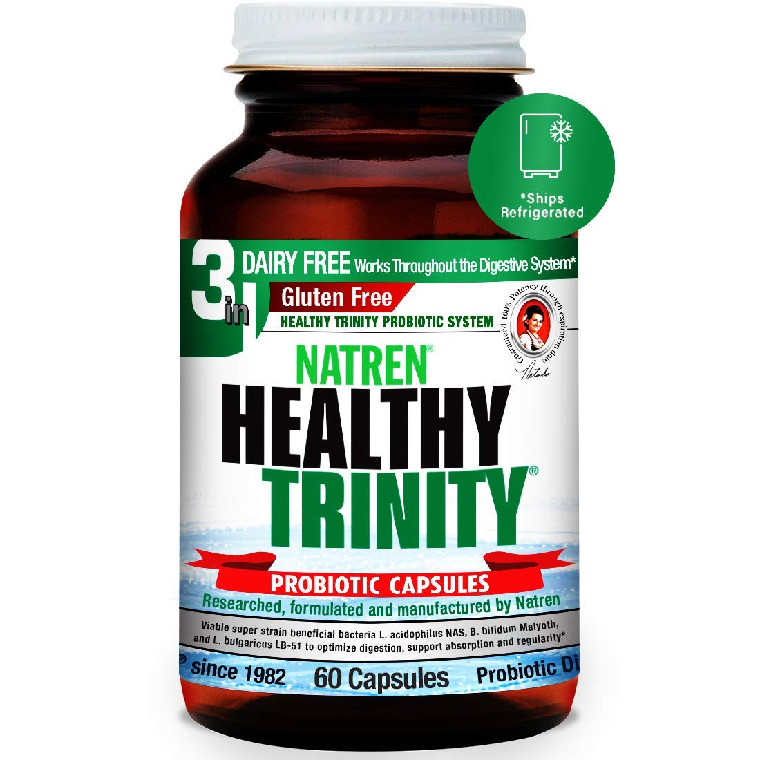 Natren Healthy Trinity Probiotics Supplement - 60 Dairy-Free & Gluten-Free Gel Capsules - 30 Billion CFU for Gut & Digestive Health - Lactobacillus Acidophilus, Bifidobacterium, Bulgaricus - Supports Immune System & Daily Wellness