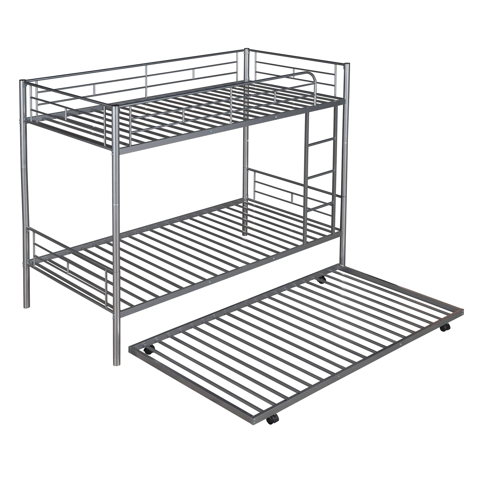 P PURLOVE Twin Over Twin Metal Bunk Bed with Trundle - Convertible to 2 Separate Beds - Space-Saving Design with Ladder - No Box Spring Required - Silver Finish - Perfect for Kids' Rooms, Guest Rooms & Small Spaces