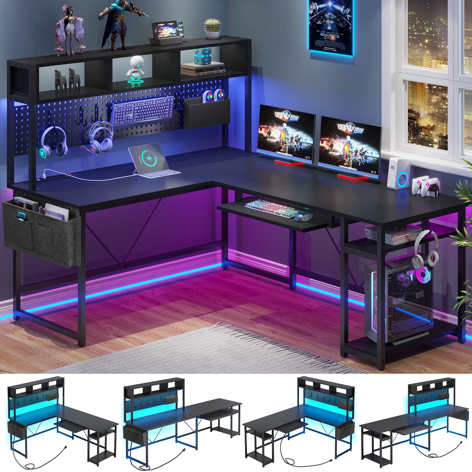 SEDETA L-Shaped Gaming Desk with Power Outlet, LED Lights & Storage - Reversible Computer Desk with Pegboard & Keyboard Tray - Perfect for Home Office, Gaming Setup & Small Workspace - Black