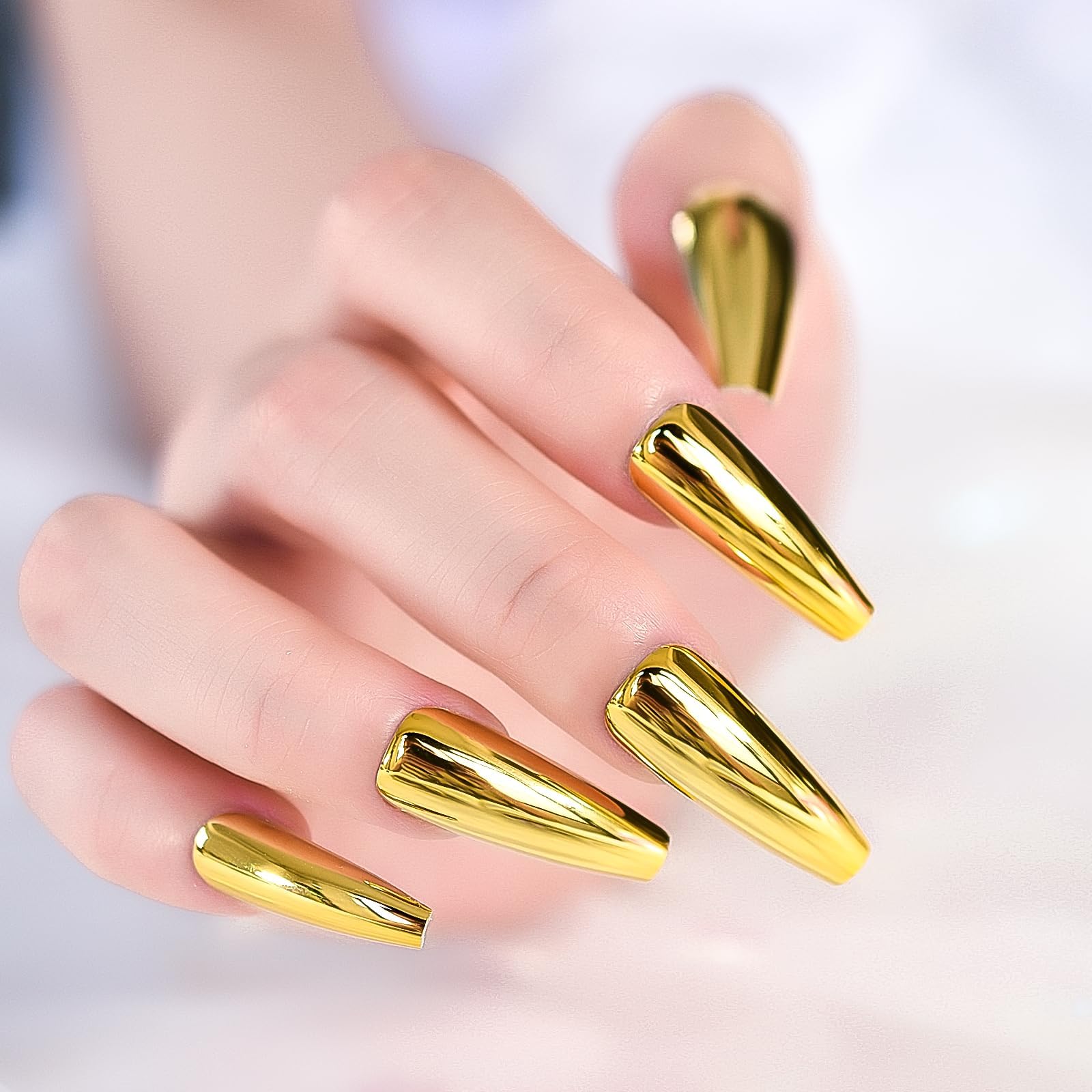 24pcs Extra Long Gold Yellow Chrome Reflective Press On Nails - Metal Coffin Fake Nails with Mirror Finish for Punk Rock Style, Full Cover Acrylic Nails for Halloween, Cosplay, and Gothic Fashion