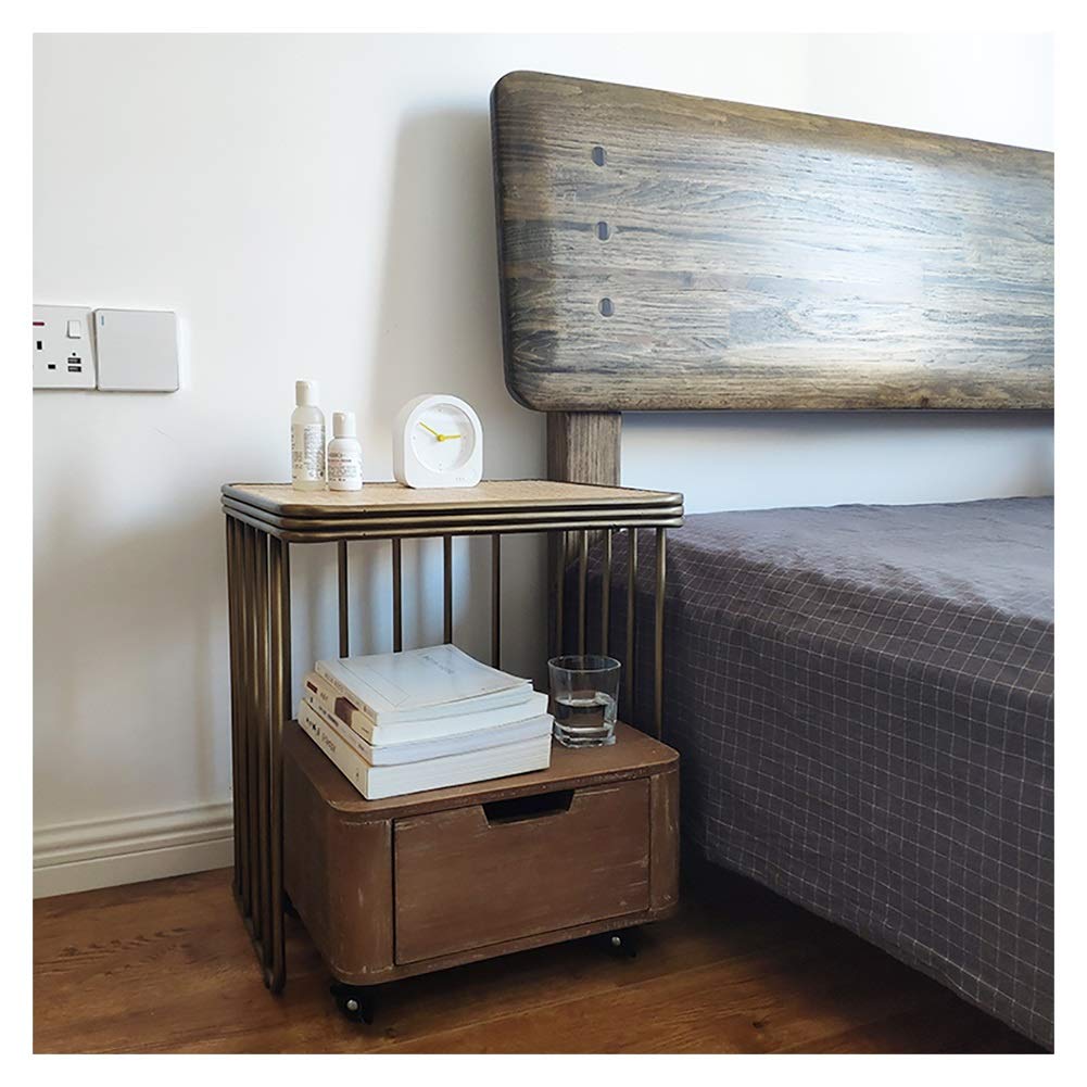 Vintage Rattan & Wrought Iron Accent Table - Wood Tone Nightstand for Bedroom, Small Apartment Side Table with Antique Finish | Perfect for Bedside Storage, Living Room Decor & Studio Apartments