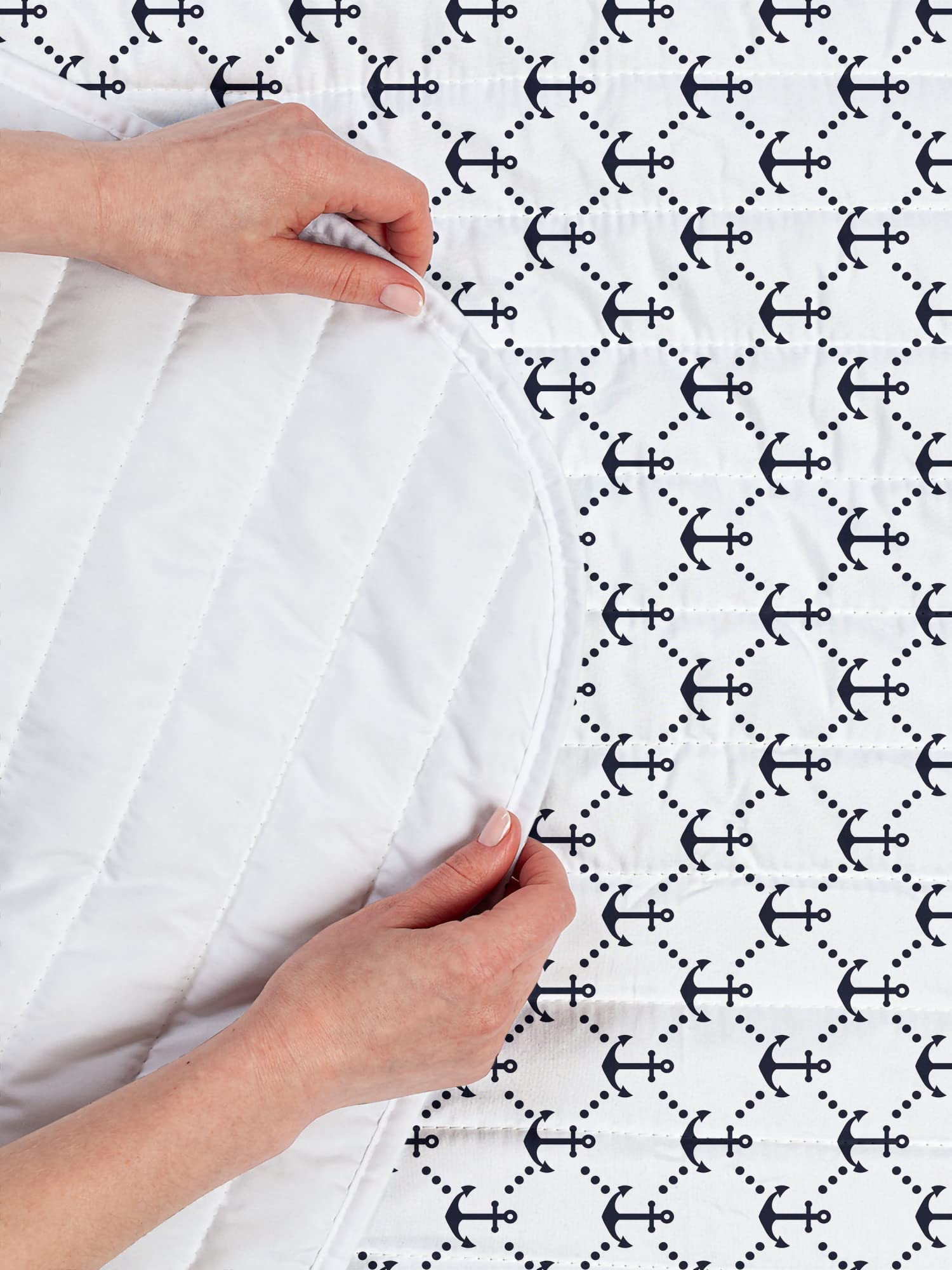 Lunarable Anchor Microfiber Bedspread Set - Nautical Ocean Theme with Dotted Tile Design, Soft Twin Size Bedding Includes Comforter & Pillow Sham (Dark Blue/White) - Perfect for Cruise Ships, Yacht Cabins & Coastal Bedroom Decor