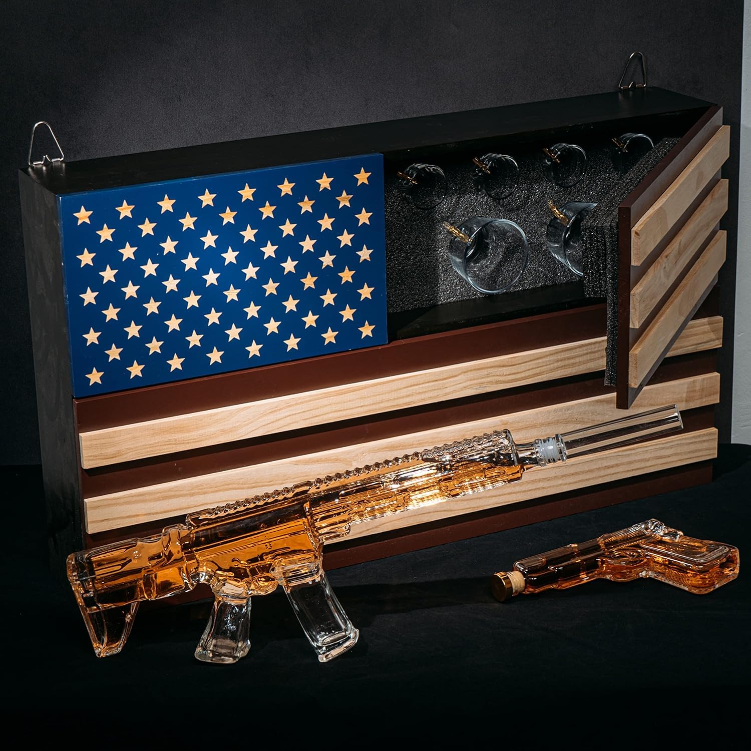 AR15 Whiskey Gun Decanter Set with American Flag - 1000ml Rifle & Pistol Liquor Dispenser, Bullet Shot Glasses & Hanging Storage Gift Box - Perfect for Army, Navy, Marine Veterans & Gun Lovers - Great for Man Cave, Hunting Cabin, Military Themed Parties & Patriotic Home Decor