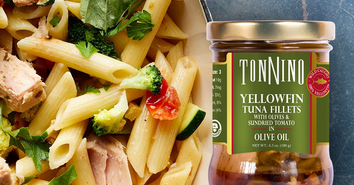 Premium Tonnino Yellowfin Tuna Fillets in Olive Oil with Tomato & Olives - Pack of 6 Cans | Gourmet Seafood for Salads, Pasta & Healthy Meals