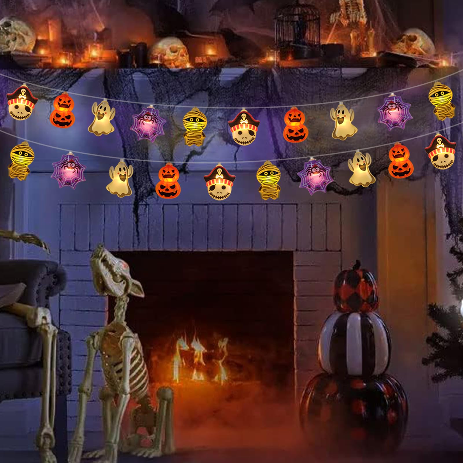 Battery Operated Halloween String Lights - 10FT, 20 LED Pumpkin Skull Spider Ghost Lights with Remote Timer | Spooky Indoor Decor for Party, Home, Yard & Haunted House Decoration