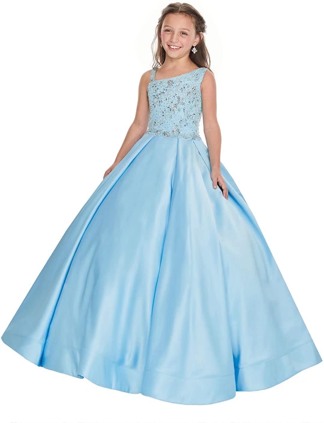 Elegant Long Satin Pageant Dresses with Beaded Flowers | Puffy Princess Prom Gown for Teen Girls | Perfect for Flower Girls, Pageants, Quinceañeras & Special Occasions