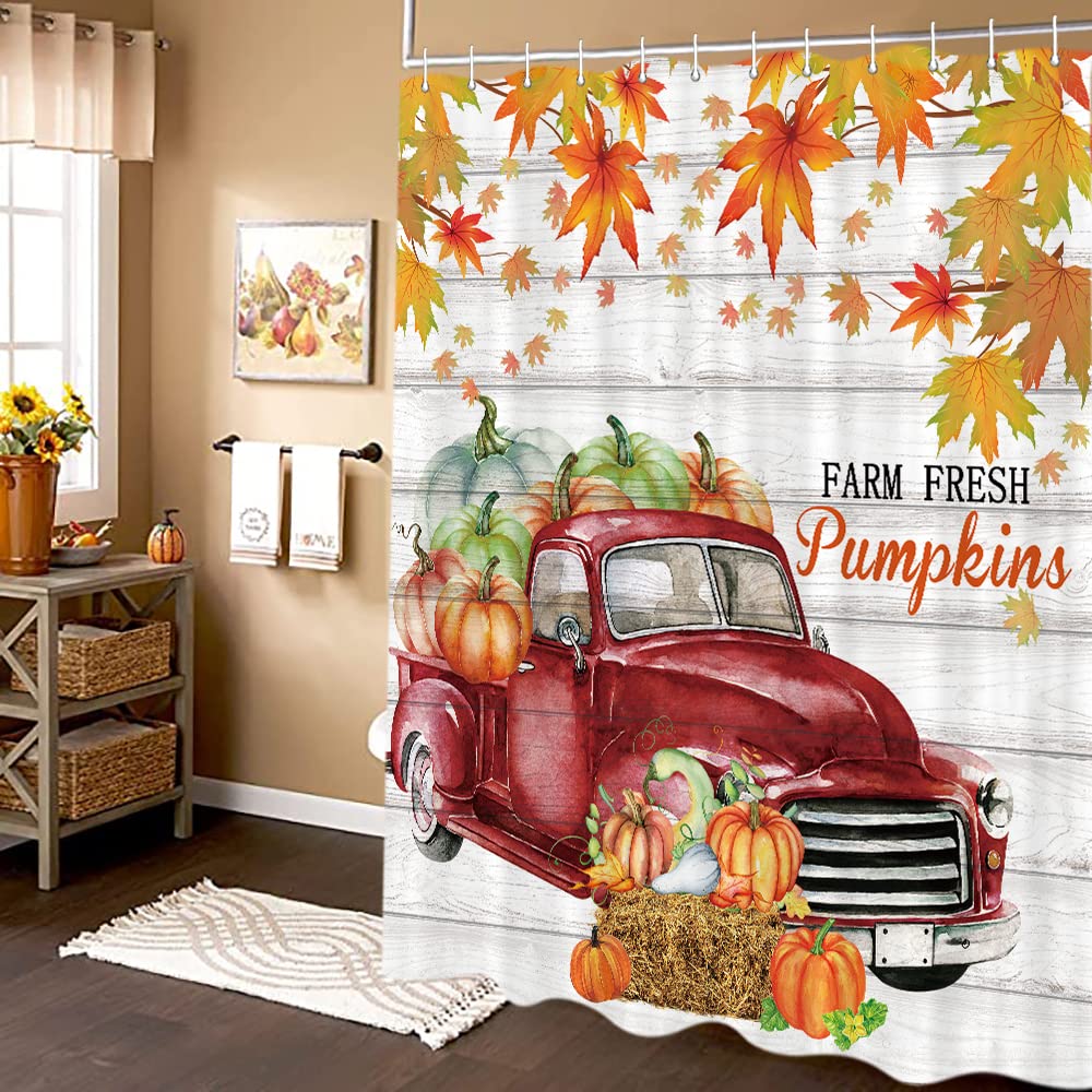 Thanksgiving Shower Curtain Set - Autumn Farmhouse Red Truck & Maple Leaf Design, 69x72 Inch Bathroom Decor with Hooks Included | Perfect for Fall, Halloween & Farmhouse Style Bathrooms