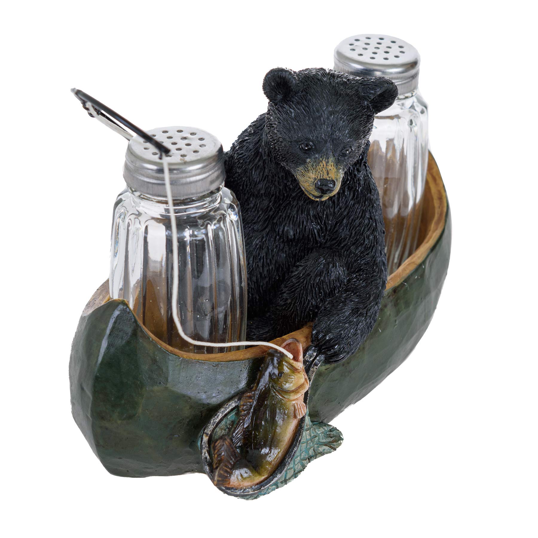 Fishing Canoe Black Bear Salt and Pepper Shakers Set with Holder - Rustic Glass Spice Shakers with Lids - Perfect for Kitchen, Camping, and Cabin Decor