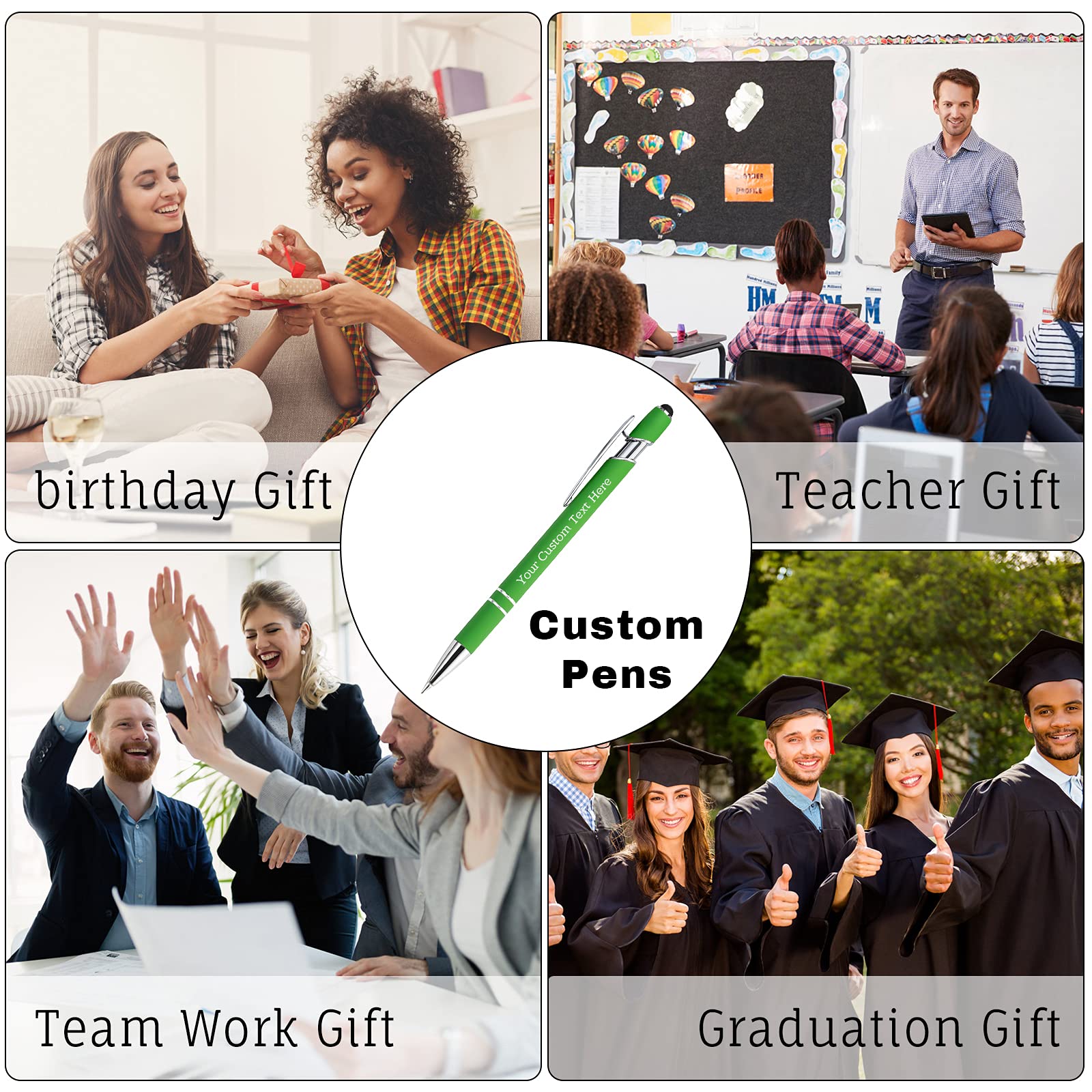 300 Pcs Personalized Custom Pens Bulk - Free Engraving with Name/Message - Custom Ballpoint Pens & Stylus for Business, Office, Graduation - Unique Gifts for Men, Christmas, Birthday - Light Green - Perfect for Corporate Events, Promotions & Special Occasions