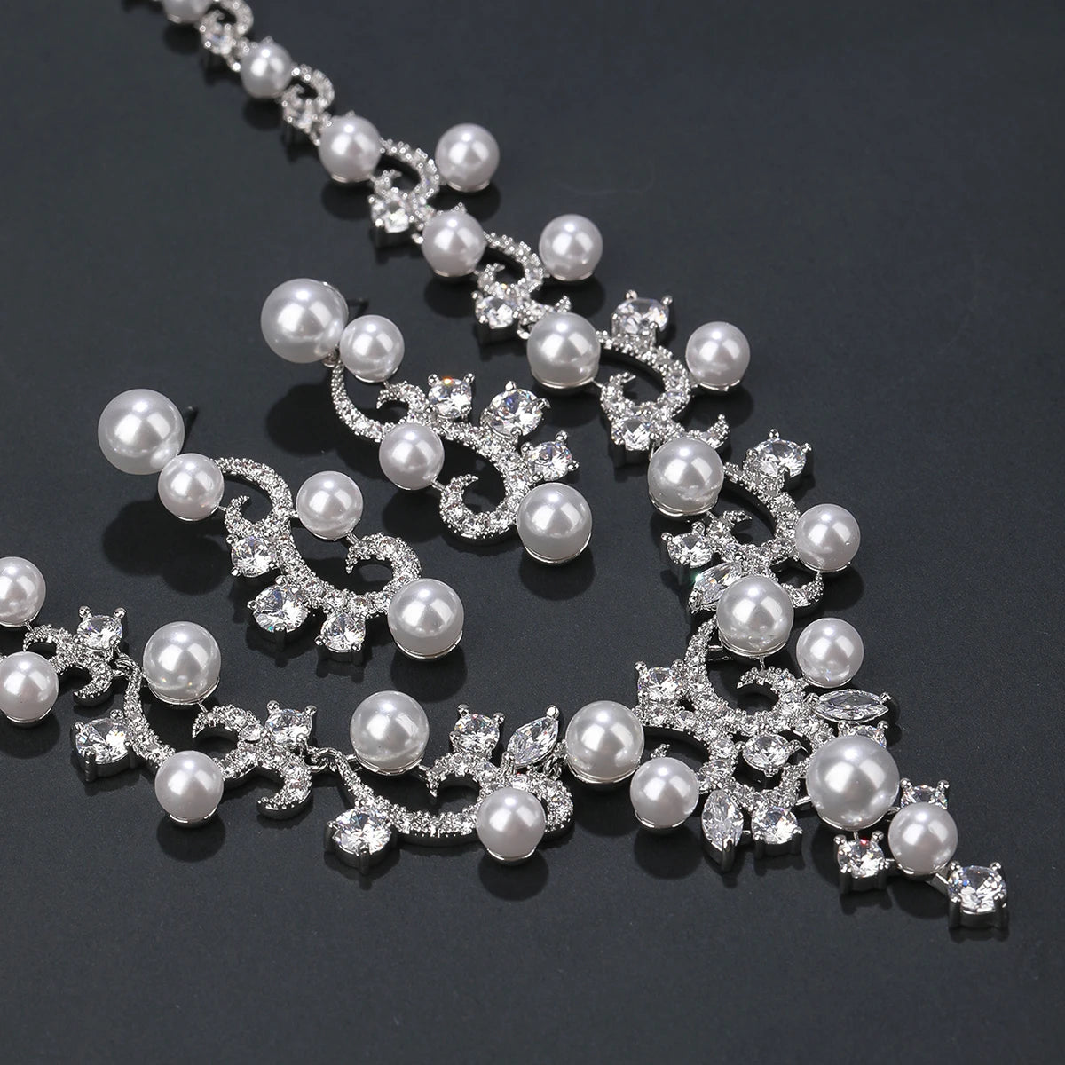 Luxury Cubic Zirconia Pearl Necklace for Women - Elegant CZ Bridal Jewelry Set with Matching Earrings - Perfect Wedding, Bridesmaid Gift & Special Occasion Jewelry (CN10370) - Ideal for Weddings, Anniversaries, Prom and Formal Events