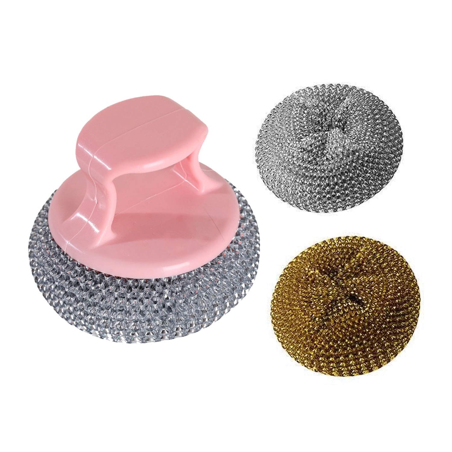 MIEDEON Kitchen Cleaning Brush Set with Handle - 1 Handle & 3 Replaceable Brush Heads for Pots, Pans & Cookware - Durable Dish Scrubber & Cleaning Ball (Random Color) - Perfect for Daily Dishwashing, Grill Cleaning & Tough Stains