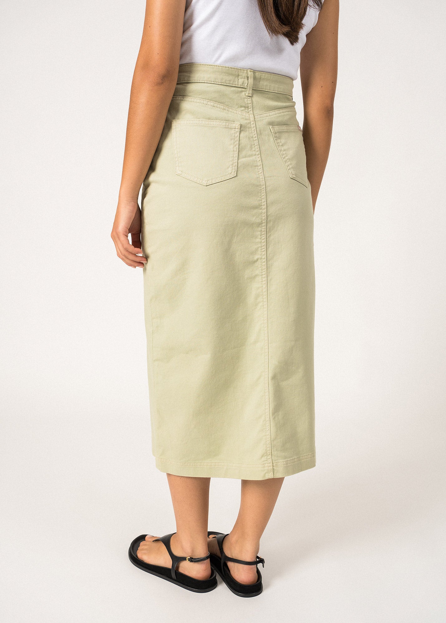 JULIA High Waist Midi Length Skirt with Front Slit - Soft Almond Color | Women's Fashion Stretch Pencil Skirt for Office, Date Night & Casual Wear