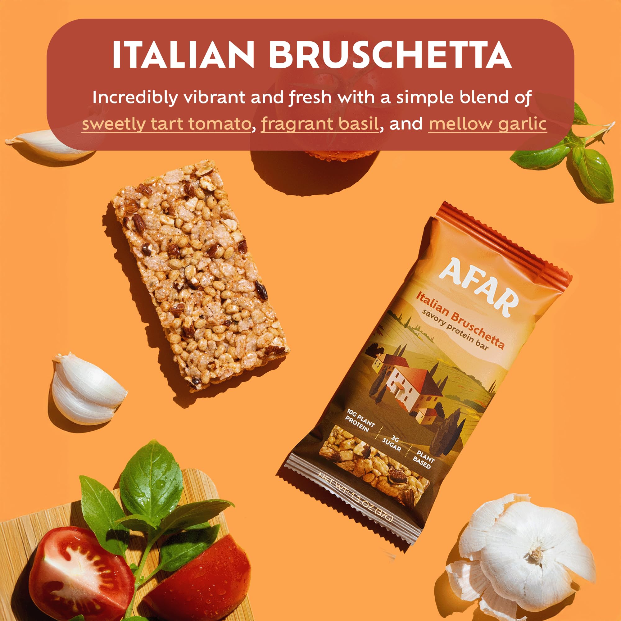 Afar Savory Protein Bars - Low Sugar High Protein Vegan Snacks for Adults - Gluten Free Meal Replacement with Rice Crispy Texture - Italian Bruschetta Flavor (8 Pack) - Perfect for Post-Workout Recovery, On-the-Go Nutrition & Healthy Weight Management