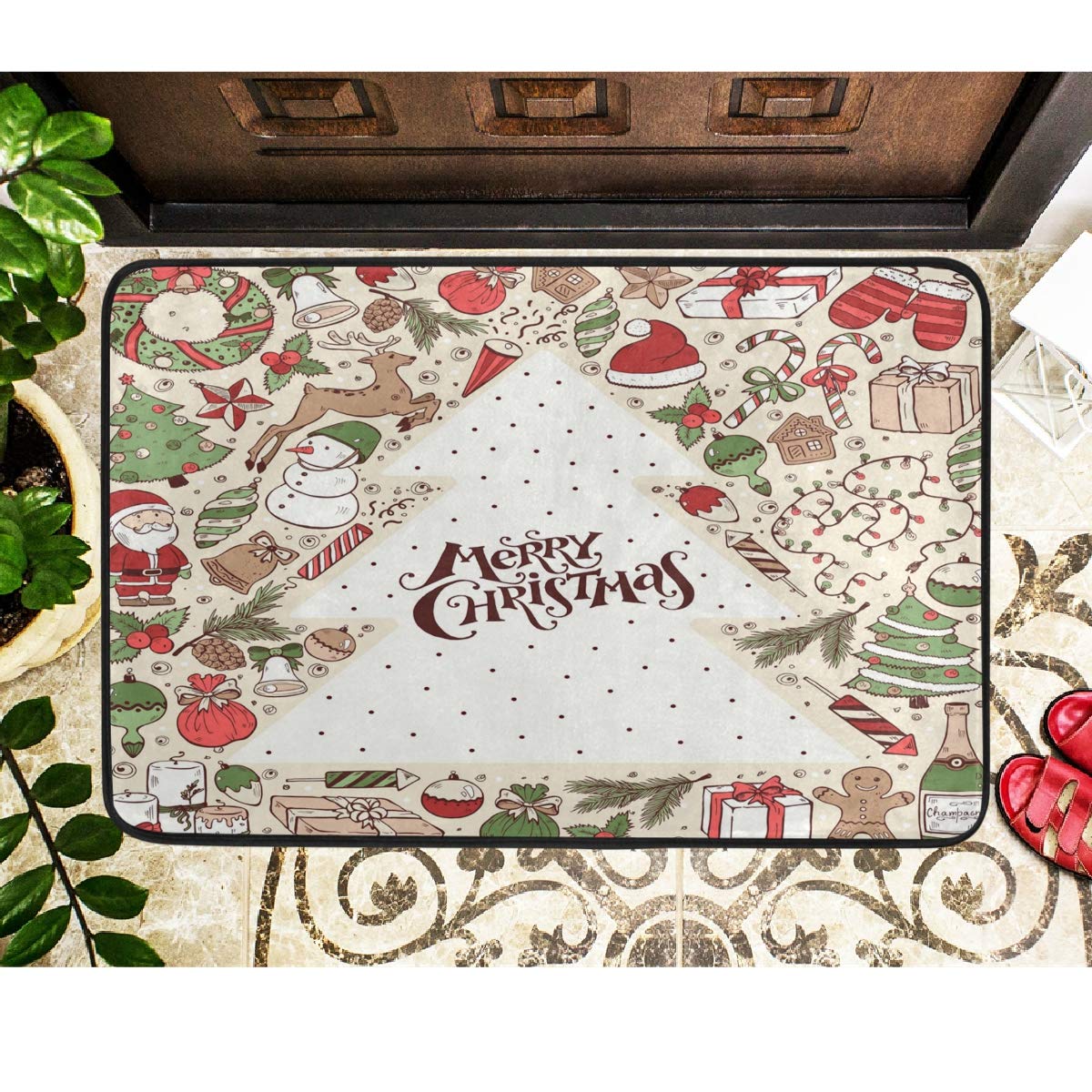 Merry Christmas Tree Doodle Doormat - Non-Slip Washable Indoor/Outdoor Holiday Welcome Mat (23.6x15.7 Inch) for Front Door, Porch, Bathroom & Winter Decor | Perfect for Xmas Home & Office Entryway