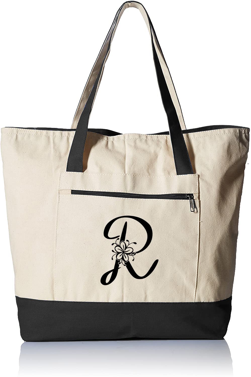 Personalized Initial Large Zipper Canvas Tote Bag for Women - Durable Custom Monogrammed Gift Tote - Perfect for Work, Travel, Shopping & Beach Day Essentials