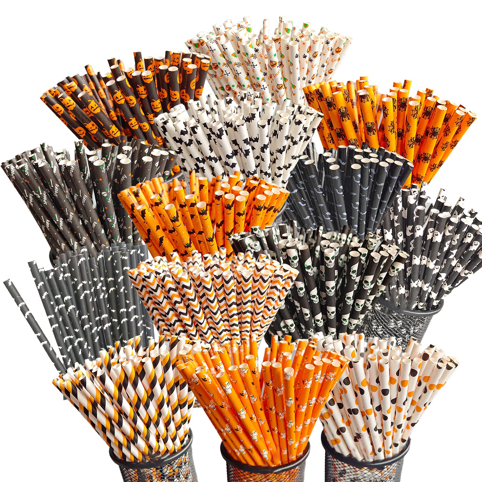 350 Pcs Halloween Paper Straws - Pumpkin Spider Bat Design, Black Orange White Printed Drinking Straws for Halloween Party Favors, Birthday Decorations, DIY Crafts & Spooky Beverage Serving