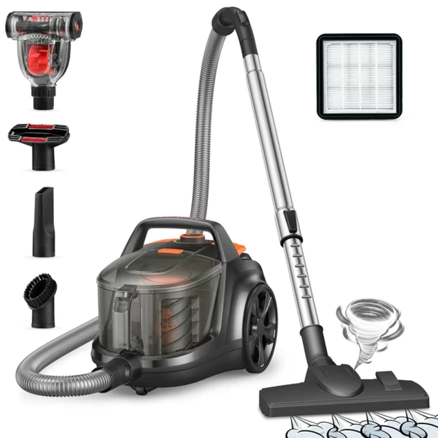 Asprion AS CA WM 006 Powerful 1200W Bagless Canister Vacuum Cleaner with Turbo Brush & Double HEPA Filter - 3.6QT Capacity for Deep Cleaning Carpets, Hard Floors & Pet Hair - Ideal for Home, Office & Car Detailing