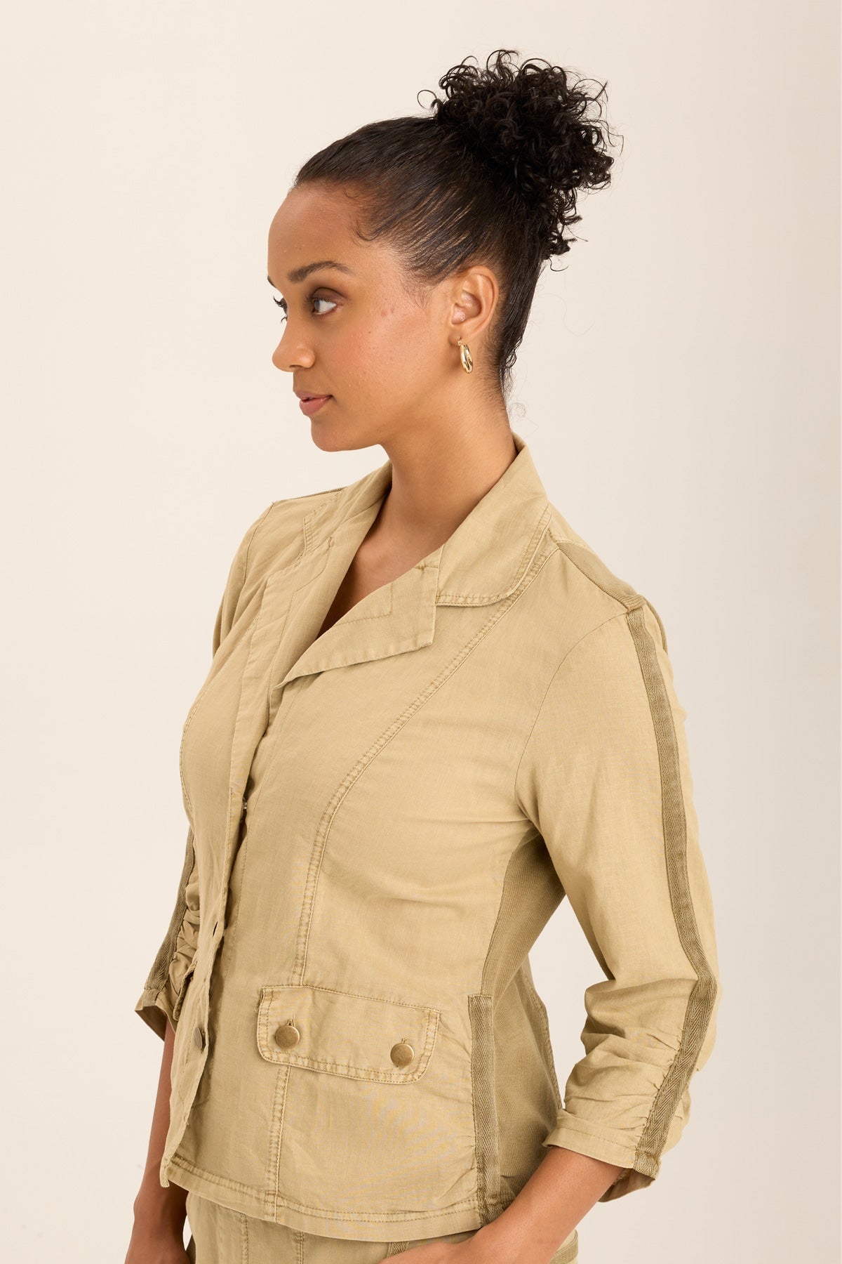 Stylish Linen Stretch Blazer with 4 Pockets & Shirred Details - Perfect for Office Wear, Business Meetings & Casual Outfits