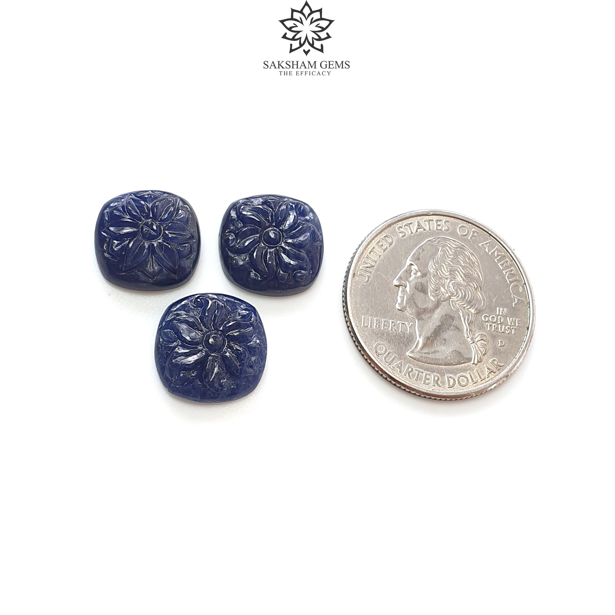 Natural Deep Blue Sapphire Gemstone Carving - 23.40cts Untreated Unheated Hand-Carved Cushion Shape (14x12mm & 14x13mm, 3pcs) | Perfect for Jewelry Making, Engagement Rings & Luxury Gifts