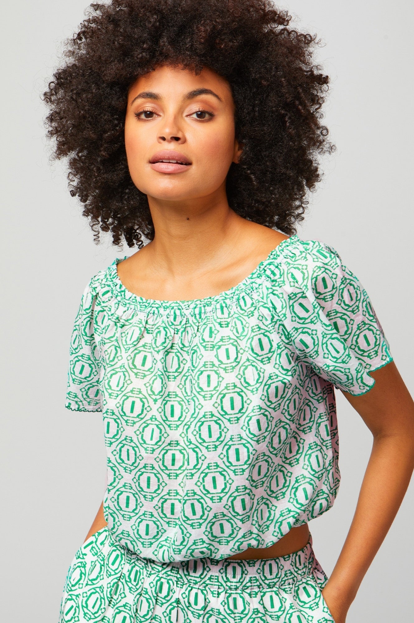 Ilana Organic Cotton Top | Circle Geo Green | Eco-Friendly Women's Blouse for Casual Wear & Sustainable Fashion
