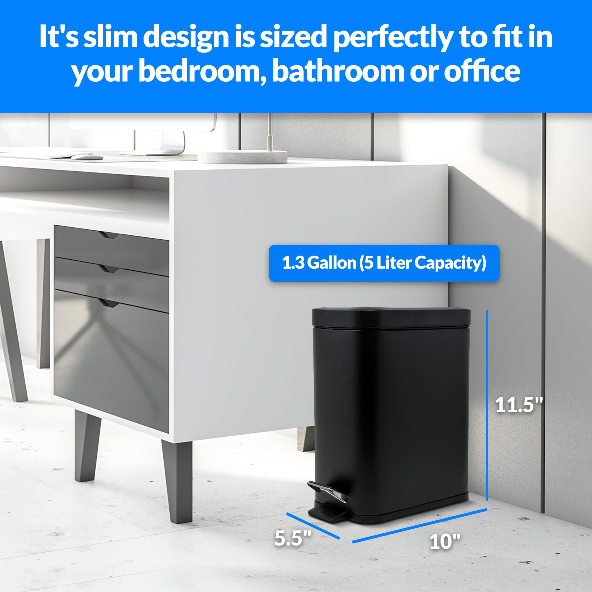 Stainless Steel Small Trash Can with Lid - 1.3 Gallon (5 Liter) Step Pedal Garbage Bin | Matte Black Rectangular Metal Wastebasket for Bathroom & Kitchen | Removable Bucket for Easy Cleaning | Compact Space-Saving Design for Offices, Dorms & Small Rooms